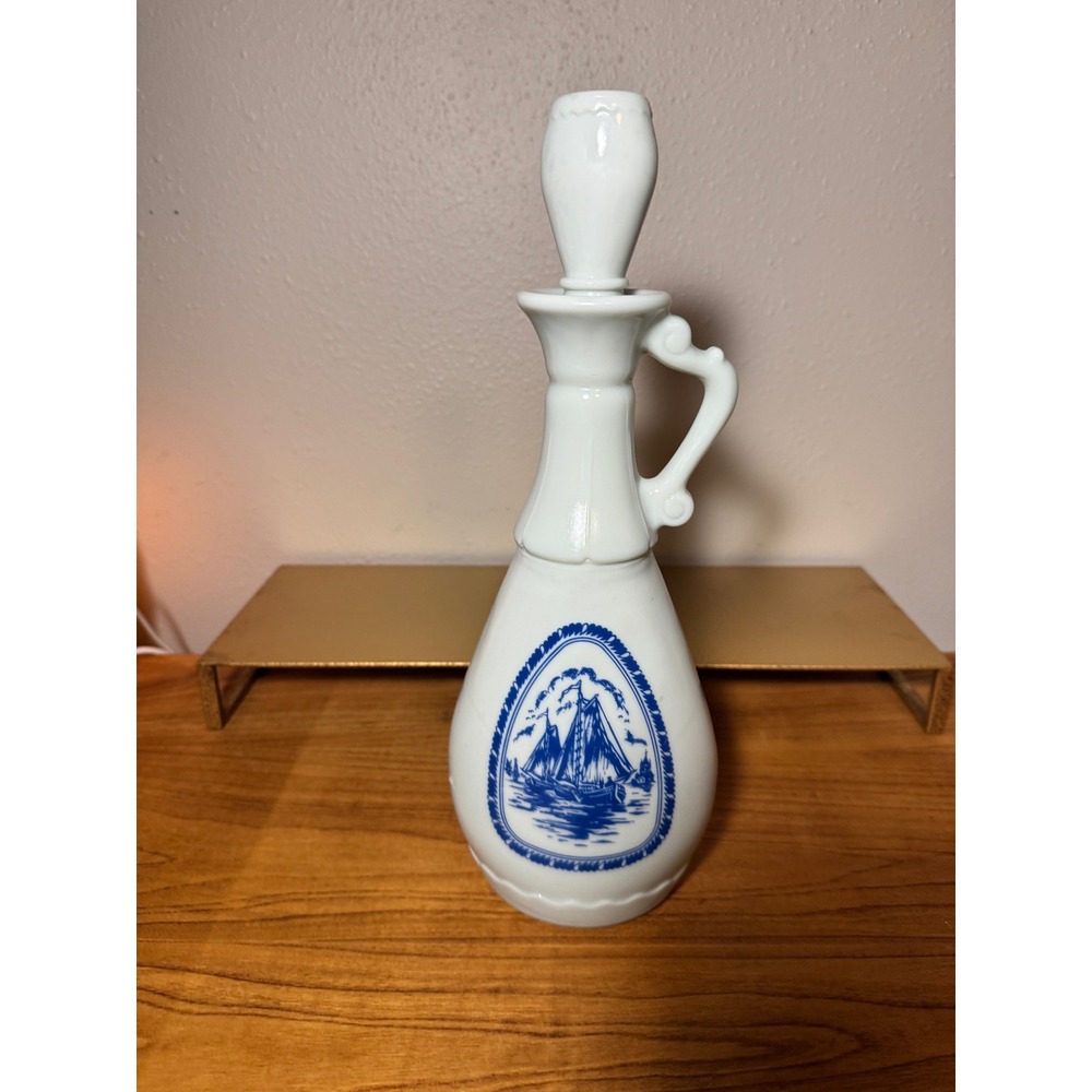 Vintage Tienshan Nautical Decanter  Blue & White Sailboat‎ Bottle Barware